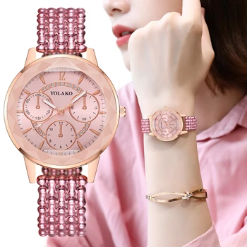 

Fashion Women Leather Three Eyes Diamond Watch Luxury Ladies Quartz Clock For Gift Watches YOLAKO Zegarek Damski