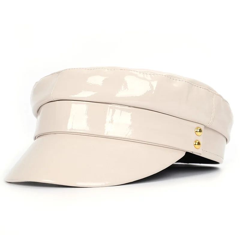Высококачественная Женская одноцветная военная шляпа из искусственной кожи, женская модная повседневная шапка из лакированной кожи, весенне-осенние шапки-береты Newsboy - Цвет: Beige