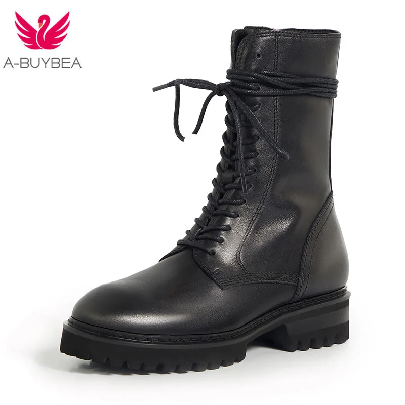 

Genuine Leather Cross-tied Women Ankle Boots Zipper Flat with Winter Boots Round Toe Platform Black Non-slip Women Short Boots