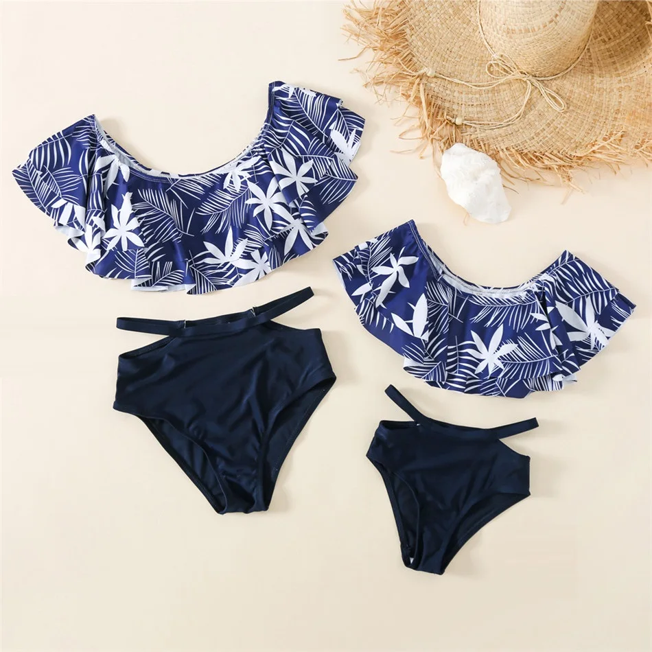 

Leaf Ruffled Mother Daughter Swimwear Family Look Mommy and Me Bikini Swimsuits Mom Girls Woman Matching Dresses Clothes Outfits