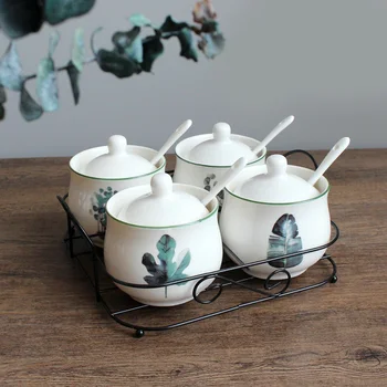 

Nordic Plant Ceramic Seasoning Jar Set Kitchen Modern Household Soy Saucesaltvinegarpepper Bottlefour-piece Kitchen Storage Tool