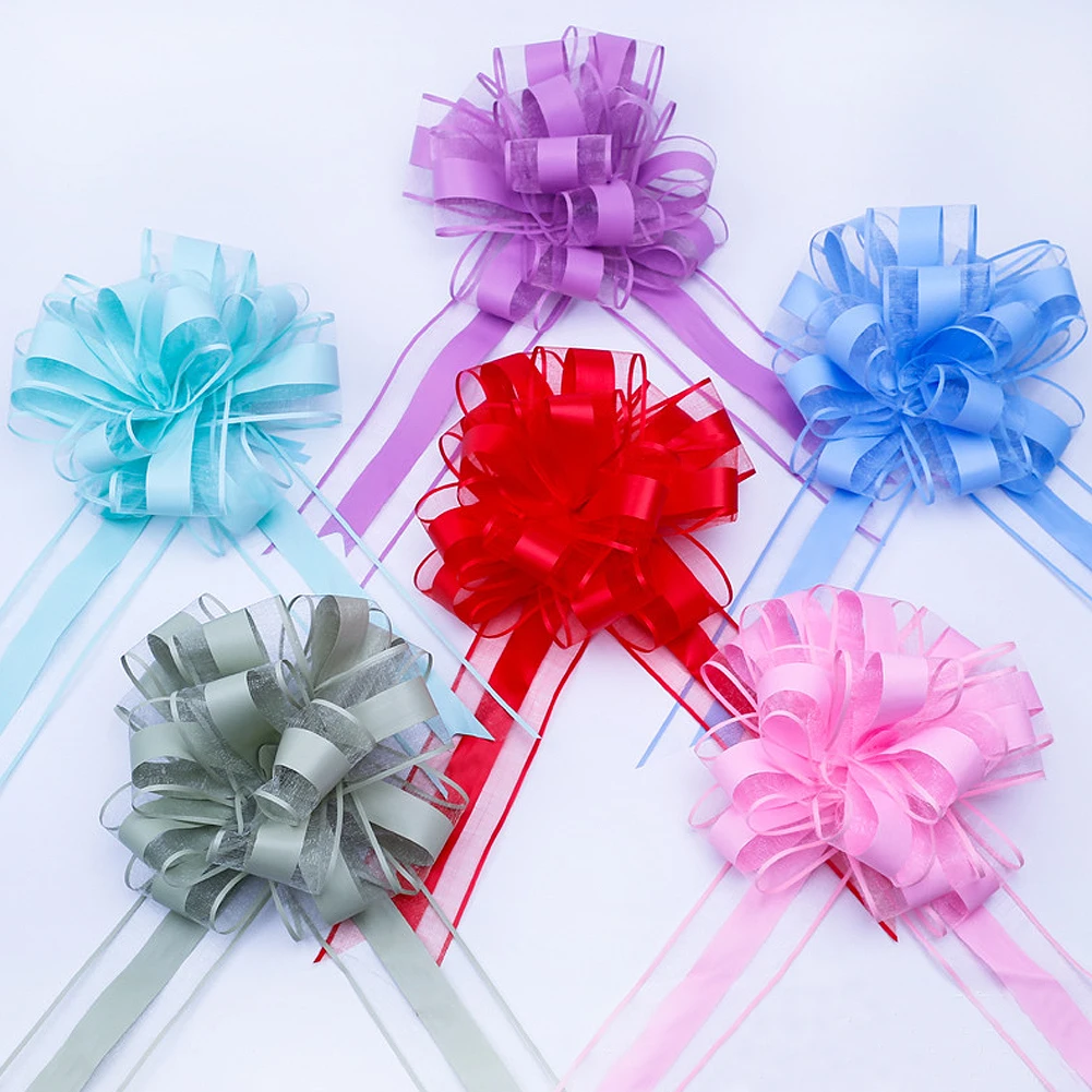10pcs Pull Bow Golden Red White Pink Tulle Ribbon Bows Wedding Party Cars  Birthday Christmas Decoration Gold Wedding Bowknot
