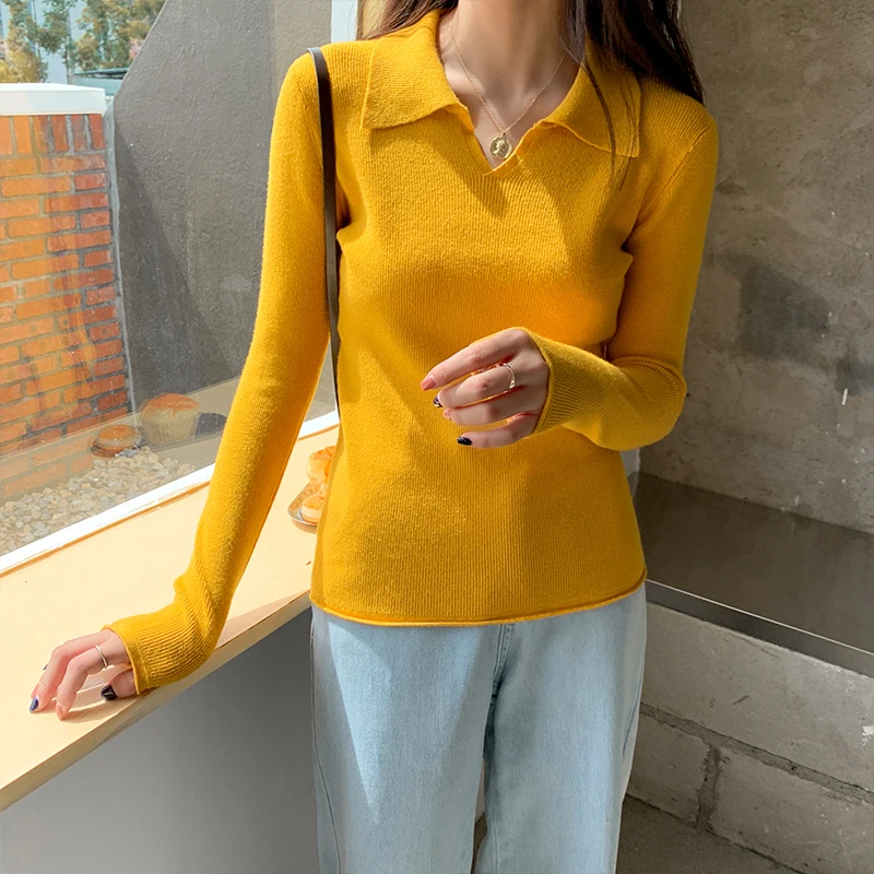 

Pullovers Knitted Sweater Autumn Winter 2020 New Korean Style V-neck Solid Color Long-Sleeved Slim Sexy Women Sweater 101i