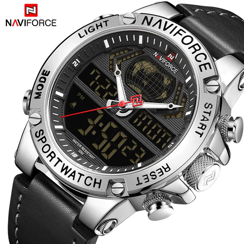NAVIFORCE часы Мужские лучший бренд Роскошные Цифровые Аналоговые спортивные наручные часы военные из натуральной кожи мужские часы Relogio Masculino 9164