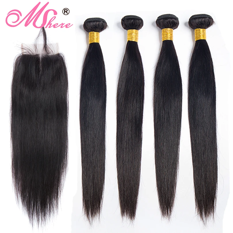 

Lace Closure with Bundles Brazilian Straight Hair Bundles With Closure 100% Human Hair Non Remy Hair Extensions Mshere Hair 1B#