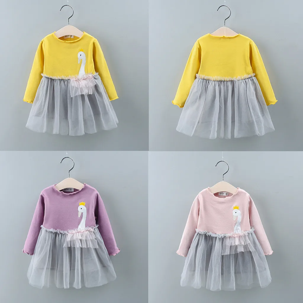

New Winter Girls Dress Baby Girls Cartoon Swan Long Sleeve Embroider Grenadine Dress Robe Fille Kids Cotton Party Clothes 2019