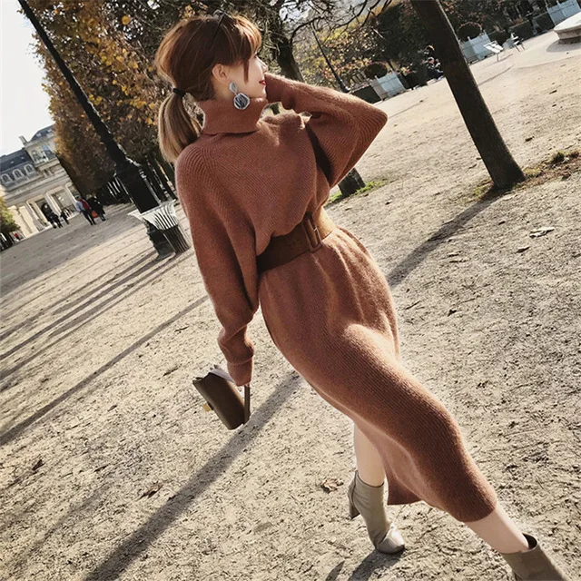 brown Зима, женский свитер, платье, Женский пуловер, водолазка, длинный рукав, теплый тонкий свитер, вязаное платье с поясом, Прямая поставка - Цвет: brown