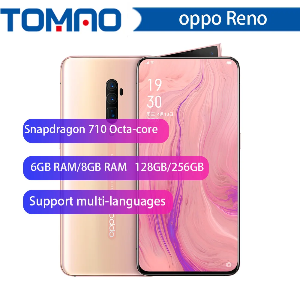 OPPO Reno, Новое поступление, смартфон, 6,4 дюймов, Qualcomm710, Поддержка NFC 2340*1080, Восьмиядерный, 3 камеры, 48MP+ 5MP, 3765 mAh, отпечаток пальца ID