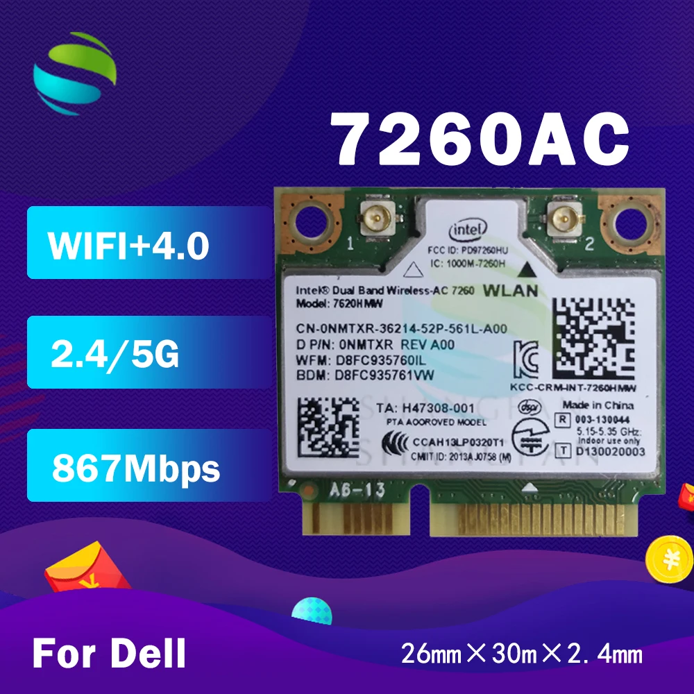 Wifi-Adapter Dual-Band Mini pci-E Intel 7260 Dell Wireless-Card 867mbps for 7260/7260hmw/7260ac/Half