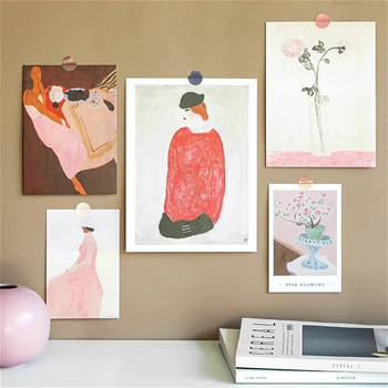 

5Pc Hot Nordic Retro Art Decoration Card Pink Poster DIY Journal School Room Wall Sticker Photo Props Stationery Gift Supply