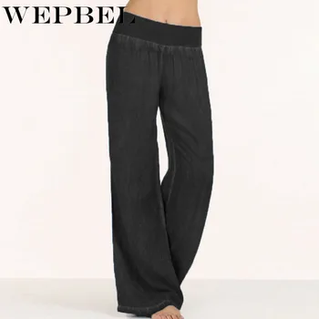 

WEPBEL Women Pants Trousers Hosen Denim Blue Wide Leg Pants Casual Loose Ladies Elastic Waist Damen