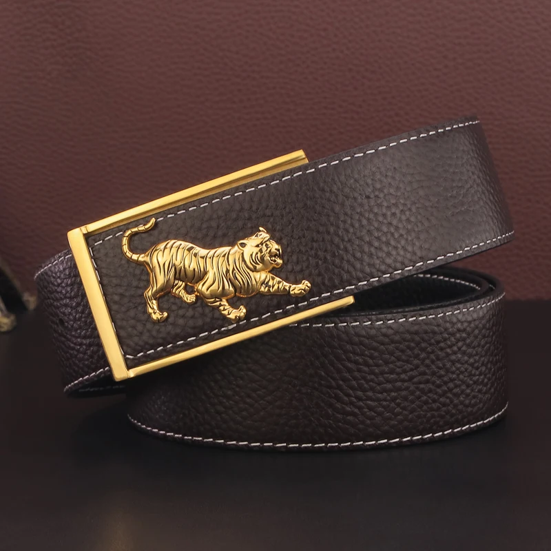 3.8cm Wide Gold Belt Fashion Sliding Buckle Tiger Belt Male Top Cow Leather Cintos Masculinos Black Cowskin Casual