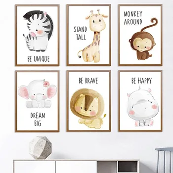 

Cartoon Animal Print Canvas Painting Cute Giraffe Hippo Lion Poster Children's Room Kindergarten Bedroom Decor Wall Art Pictures