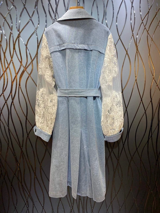 early autumn new female lapel sleeves lace perspective stitching denim double-breasted windbreaker jacket 1005