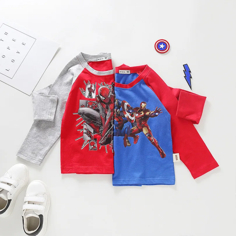 Железный человек детская одежда для мальчиков Новые весенние осенние «Человек-паук», «мстители» детская хлопковая с длинным рукавом Футболка с рукавами, топы, футболка с длинными рукавами