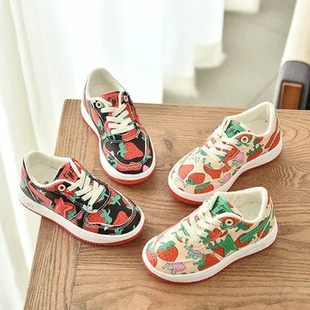 

Children Flat Sneakers Anti-Slip Casual Shoes Kids girls Running Shoes Pu Leatherwith Strawberry Printing Fashion SM035