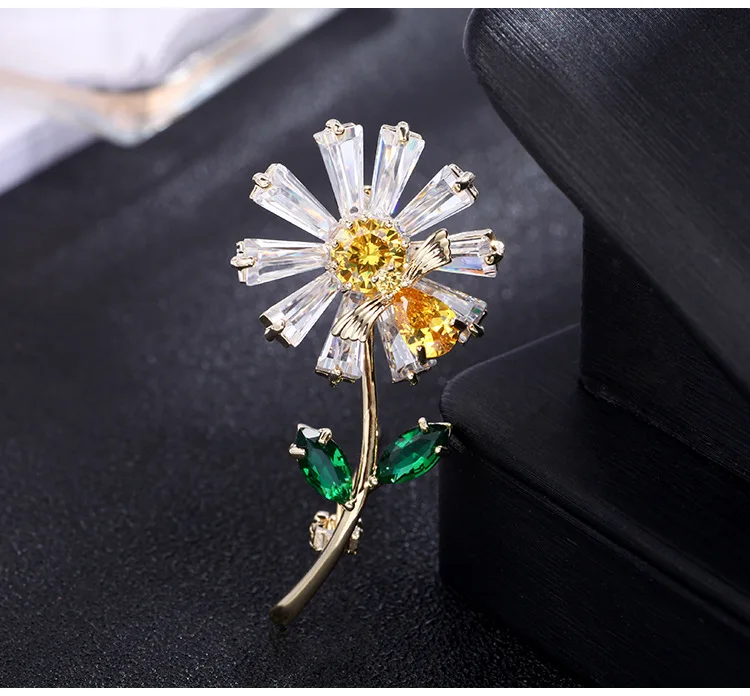 Luxury AAA Zircon Rose Sunflower Dandelion Brooches Pins Jewelry Rhinestone Cubic Zirconias Brooch for Women Wedding Bouquet Pin