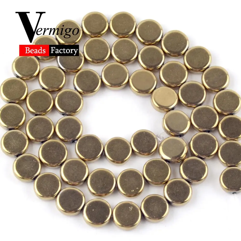 

Натуральная гладкая Golds позолоченная гематитовый камень плоские круглые бусины для изготовления ювелирных изделий 6/8/10 мм распорка свободные бисерные браслеты 15"