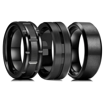 2023 Trendy Men's 8mm Black Titanium Wedding Band Rings Double Black Groove Beveled Edge Stainless Steel Engagement Ring For Men 1