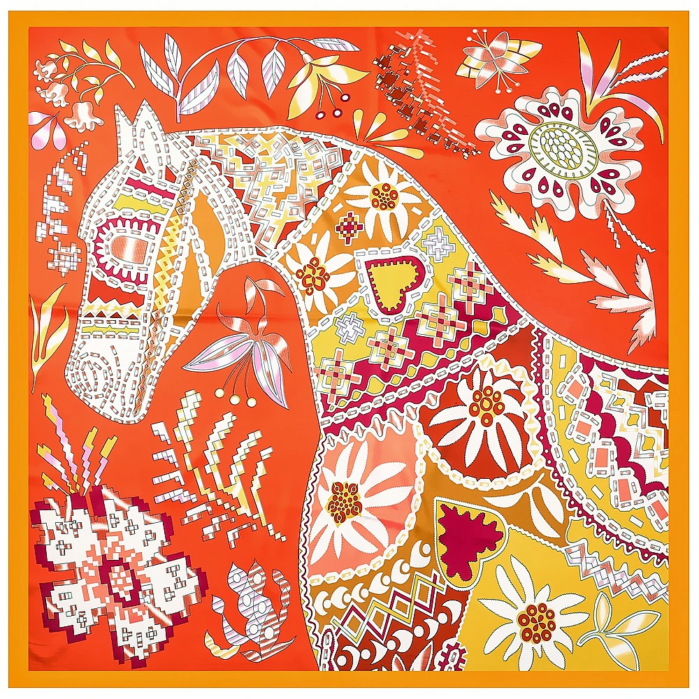 

130cm Brand Women Scarves Design Horse Square Scarf Luxury Twill 100% Silk Scarf Fashion Kerchief Shawl Echarpe Sandy Beach 2023