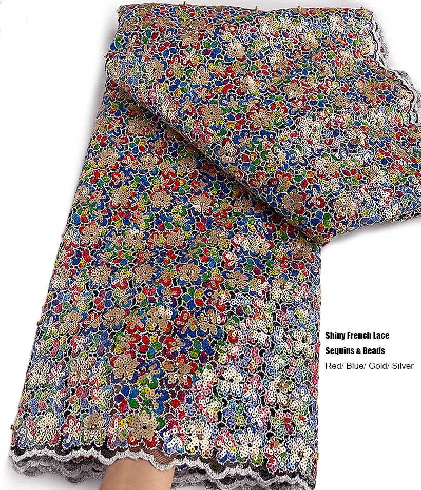 All sequins Top Class floral French Lace African Tulle Lace Unique Mesh Fabric with Beads Beautiful Nigerian Big Occasional Wear