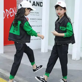 

Child Denim Clothing Set Children Clothing Letter Print Hole Denim Coat +Jeans Pant Children Girl Two Piece Suits Kid Streetwear