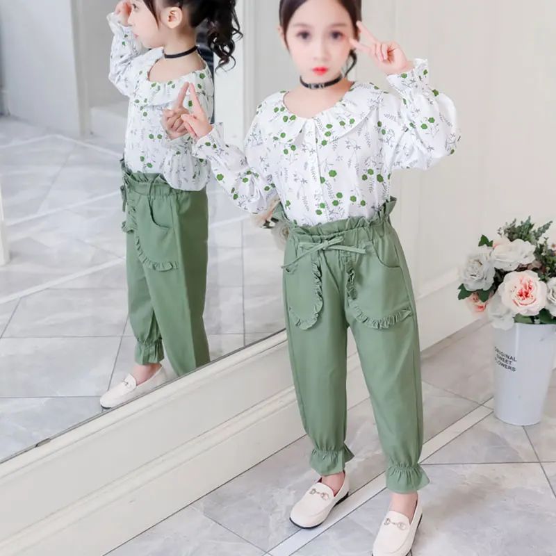 

New Spring Autumn New Girl Long Flare Sleeve Flower Pattern T-shirt Blouse+Pants Trousers With Pocket Outfits Set 3-10T
