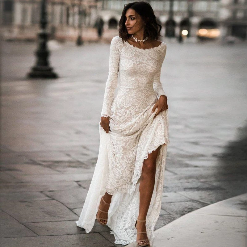^*Best Offers Vintage Lace Modest Trouwjurk 2019 Lange Mouwen Simple Boho Trouwjurk Low Back Vestido De Noiva Robe De Mariee mariage