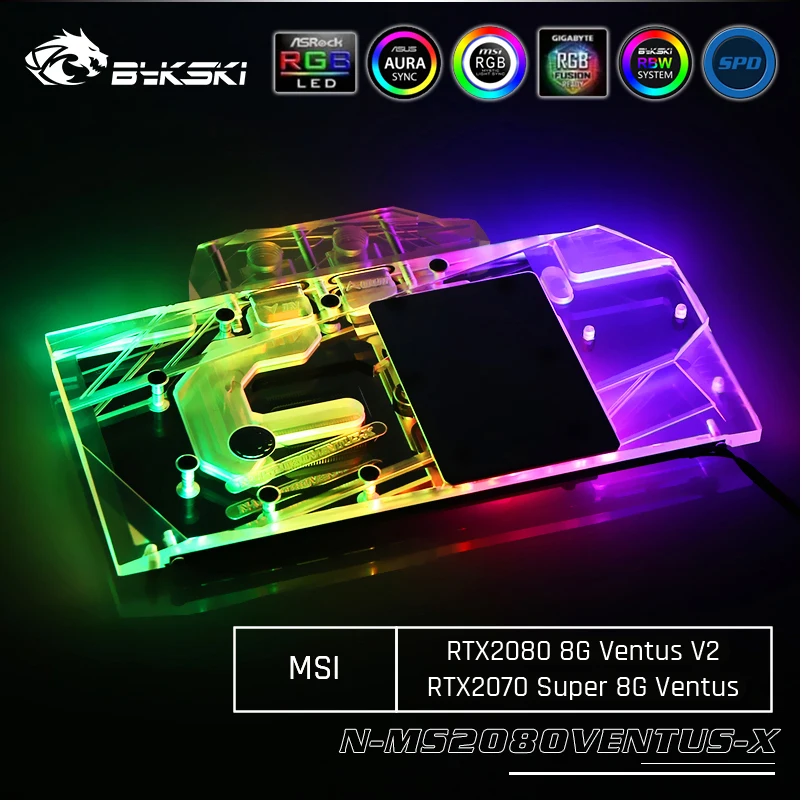 Bykski N-MS2080VENTUS-X, полное покрытие видеокарты водяного охлаждения блок, для MSI RTX2080 8G Ventus V2/RTX2070 Super 8G Ventus