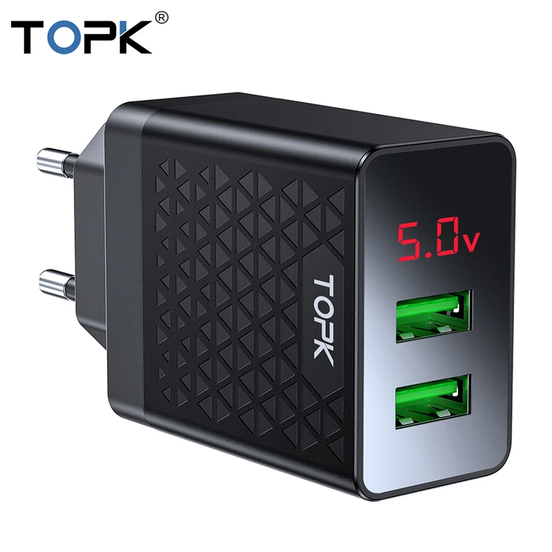 

TOPK USB Charger 2 Ports LED Digital Display Smart Mobile Phone Charger for iPhone Samsung Xiaomi Huawei Wall Travel Adapter