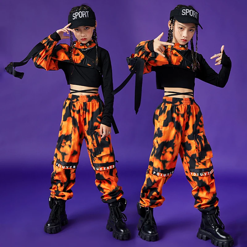Kids Jazz Hip-Hop Dance Performance Costume Camouflage Sleeves Pants Girls Stage Outfit Rave Modern Street Dance Costume BL7440
