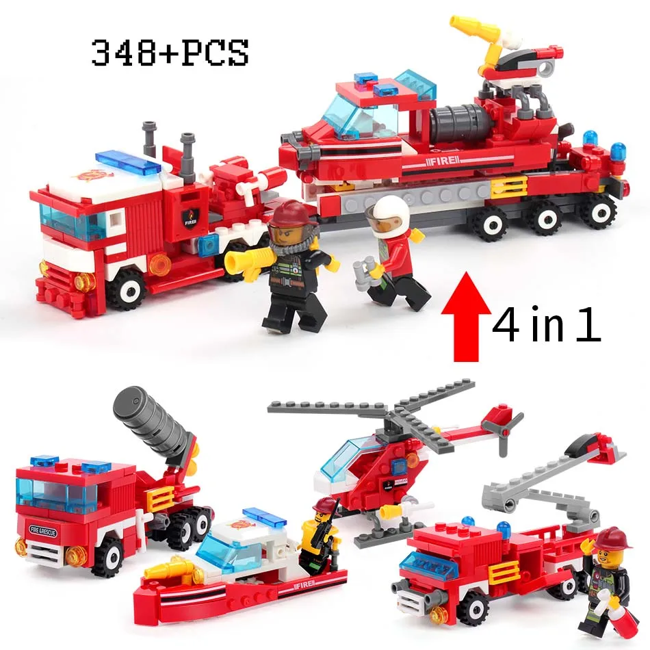 4 в 1 пожарная серия 348 шт. грузовики автомобиль-вертолет модель лодки DIY строительные блоки городской пожарный фигурки дети мальчик игрушки