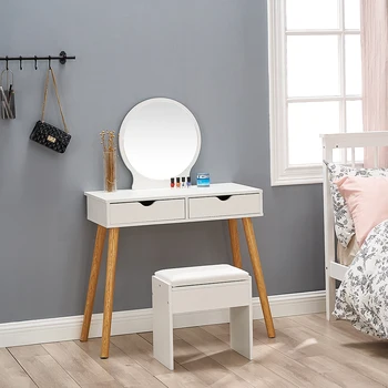 

Modern Makeup Table with 2 Drawers and Rails with Round Mirror + Stool White