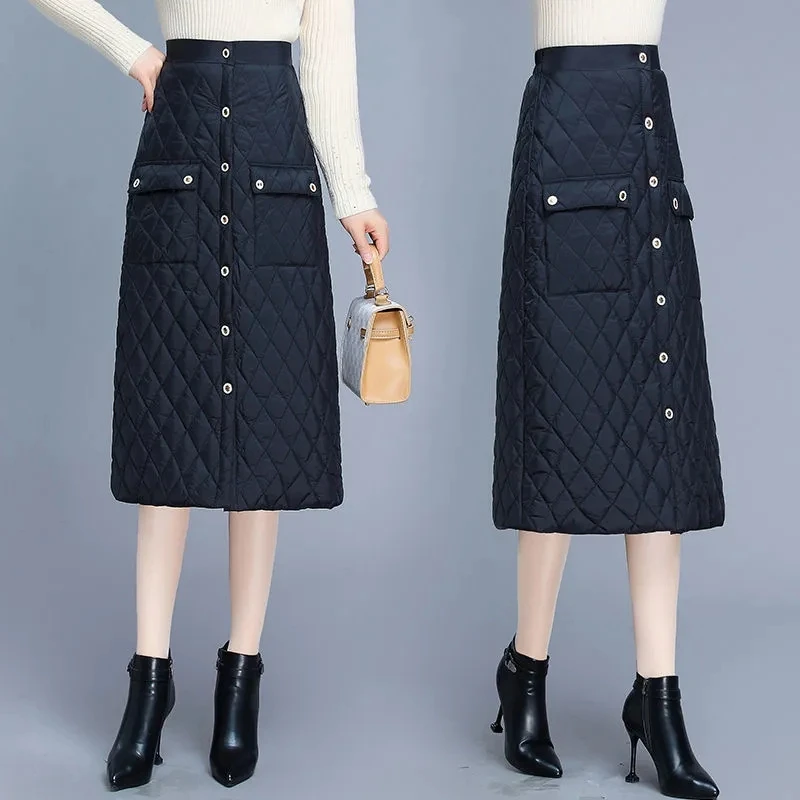 2021winter Warm Down Cotton Skirts Women Midlength Thicken Warm Aline Skirt Female High Waist