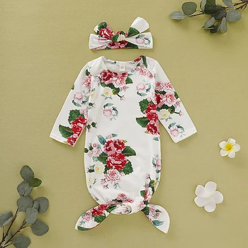 

2020 New 0-6M Newborn Baby Girls Boys Sleeping Bag Flowers Print Infant Blanket Swaddle Wrap Gown Headband 2 Pieces Outfit Set