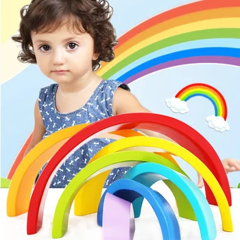 

7 Color Wooden block Game Rainbow Shape Brick Kids Childrens Educational Learning Toy Set