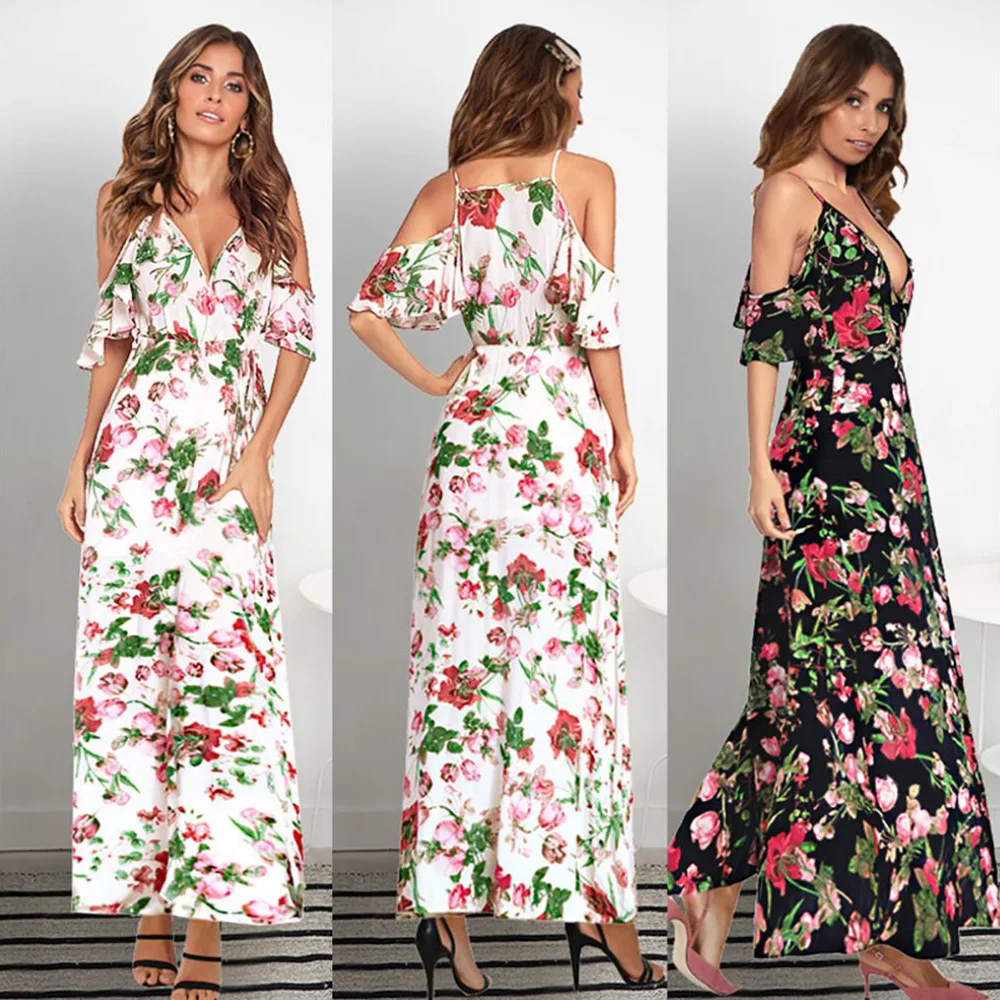 

Women Fashion Printed Strapless Shoulder Maxi Dresses Female Slim Sexy V-neck Suspender Ankle-length Beach Dress XL-01