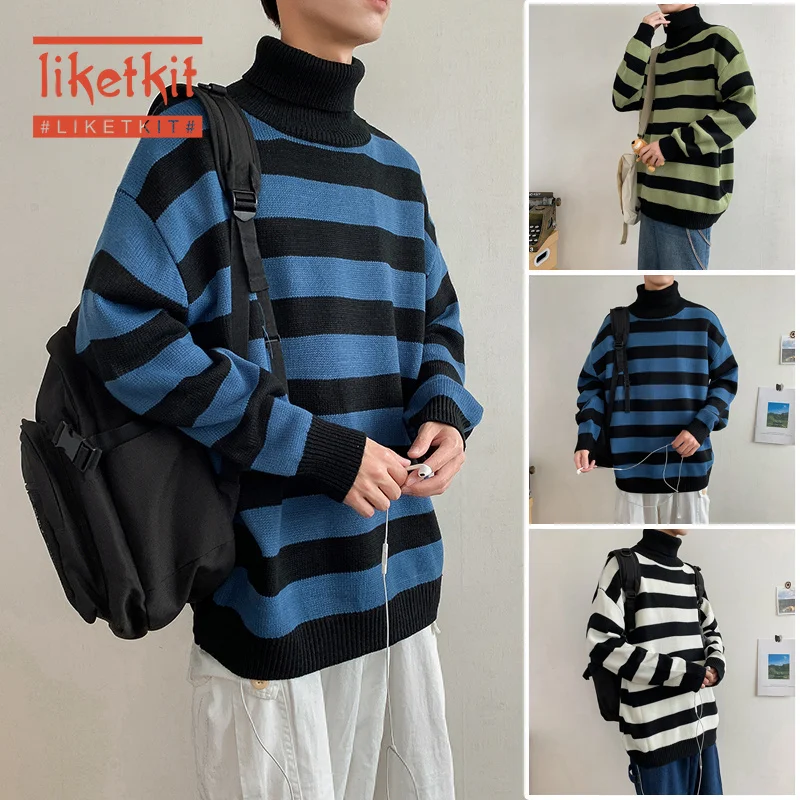 

Liketkit Sweaters Men Winter 2019 Male Casual Striped Turtleneck Knitted Pullovers Men Oversize Vintage Couples Fall Sweater INS