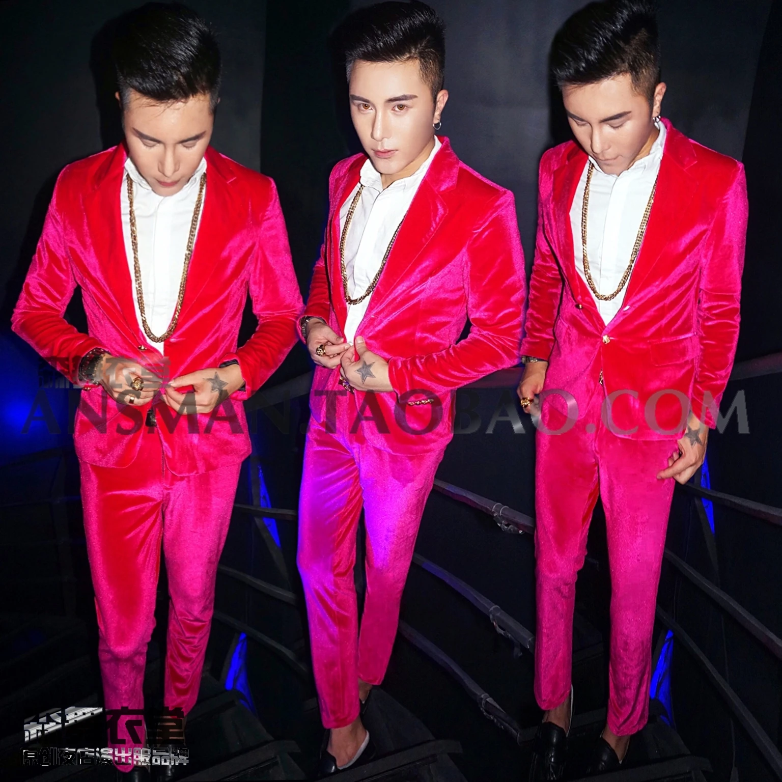 

Autumn and winter new DS male singer nightclub male DJ dress rose red velvet velvet slim suit