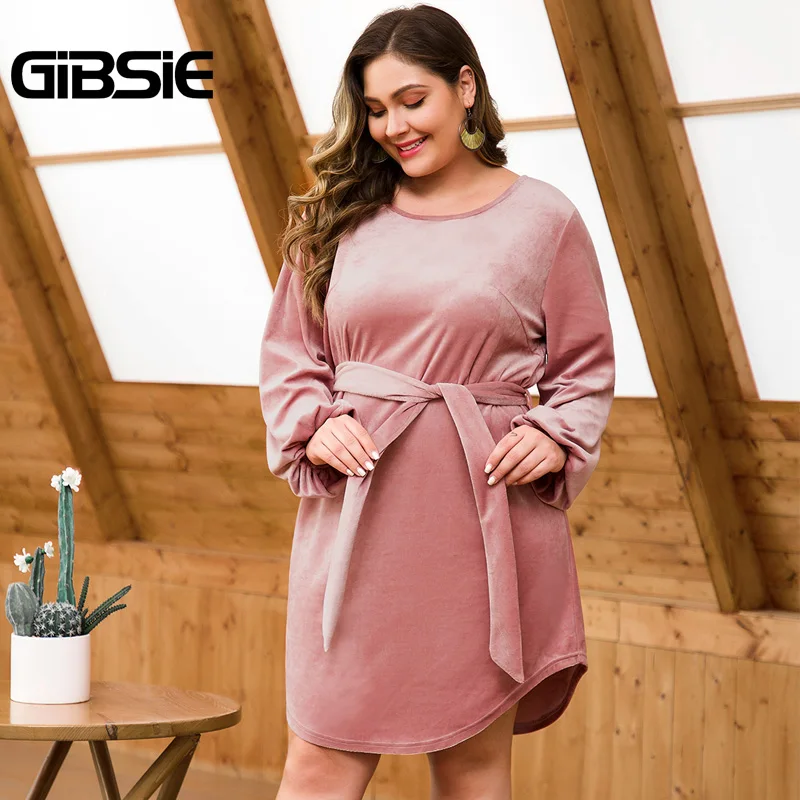 GIBSIE осенне зимнее однотонное бархатное OL прямое платье с поясом для женщин