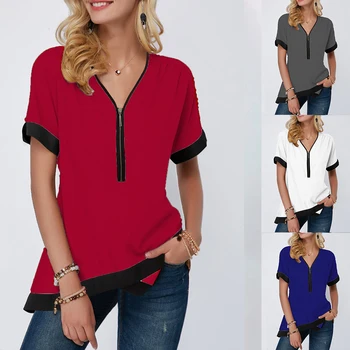 

New Summer Women Short Sleeve Chiffon Shirt Sexy Deep V Neck Zipper Camisetas Mujer Blouse Top Blusas Plus Size 5XL