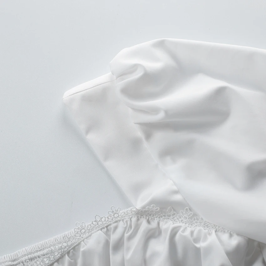 OOTN элегантная белая кружевная блузка с длинным рукавом, Женский плиссированный укороченный топ, квадратный воротник, на шнуровке, на пуговицах, с пышными рукавами, сексуальная рубашка с оборками