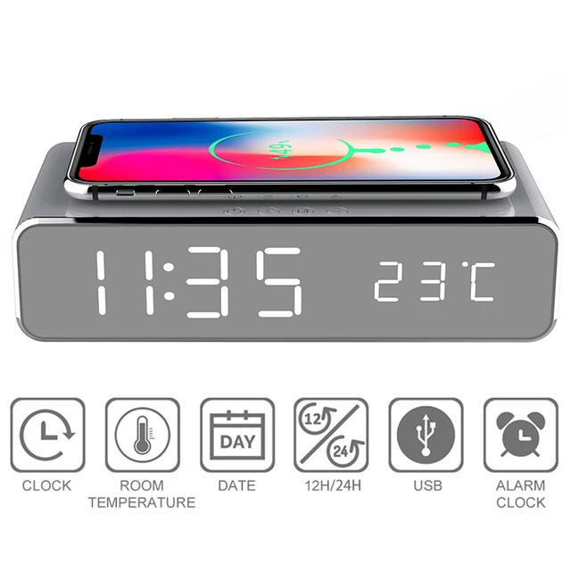 New Electric LED Alarm Clock With Mobile Phone Wireless Charger HD Clock Mirror With Time Memory Digital Thermometer Clock 1
