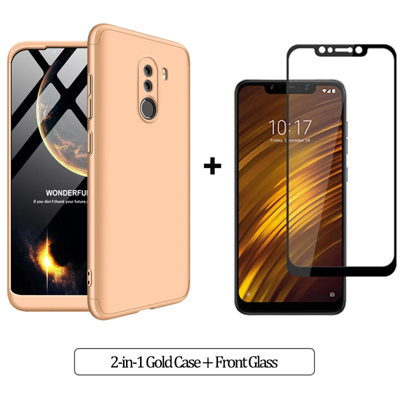 2-in-1 Gold Case 3-в-1 Стекло+ бронированный чехол для телефона xiaomi pocophone F1 case 360 Жесткий ПК анти-противоударный бампер чехол pocofone f1 оригинальным стеклянным корпусом xiaomi pocophone f1 чехол на Покофон Ф1 чехол - Цвет: 2-in-1 Gold Case