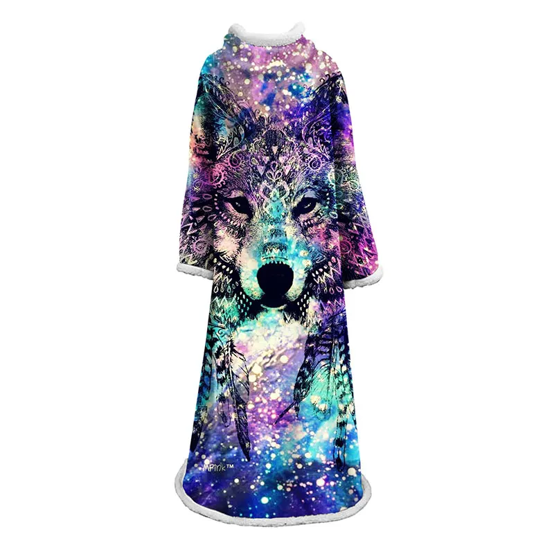 

New Soft Warm 3D Wolf Lazy Blanket Winter Wearable Thick Sofa Throw Blanket For Adults Kids Home Travel Blanket With Sleeves
