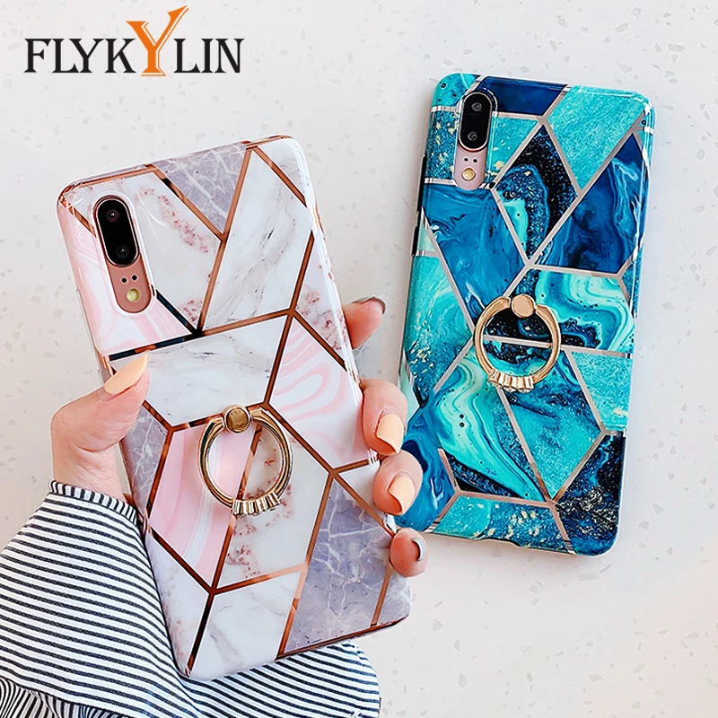 

FLYKYLIN Plating Marble Case For Huawei P30 Lite P20 Pro Mate 20 Nova 3e 4e Back Cover on Silicone Phone Coque Ring Stand Holder