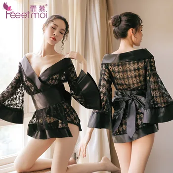 

Japanese clothes High-end kimono sexy lingerie Black fashion lace cutout erotic uniform Big V-neck Sexy short gown Adult games