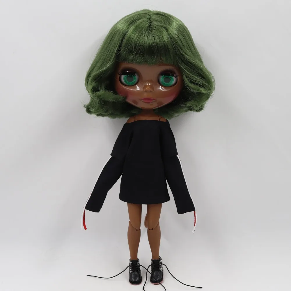 Neo Blythe Doll with Green Hair, Black Skin, Shiny Cute Face & Custom Jointed Body 2