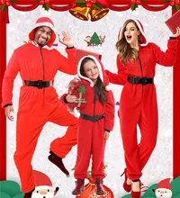 Pyjama de noël pour parents et enfants, combinaison à capuche avec ceinture, en peluche, couleur unie, vêtements assortis pour parents, mères et enfants