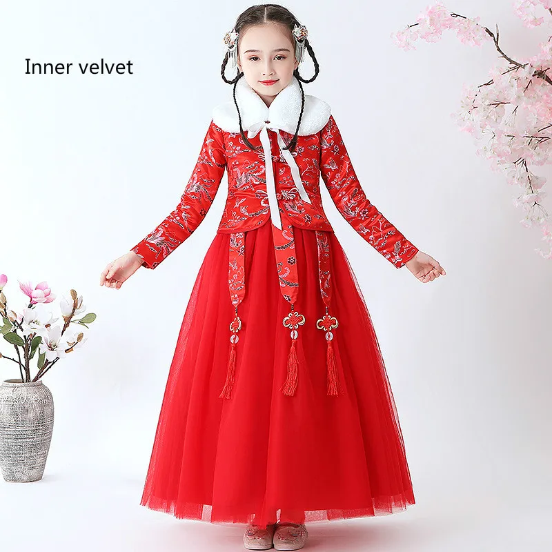 

New embroidery Chinese knot cheongsam children's princess dress Chinese style Hanfu girl's dress Chinese Style Inner velvet